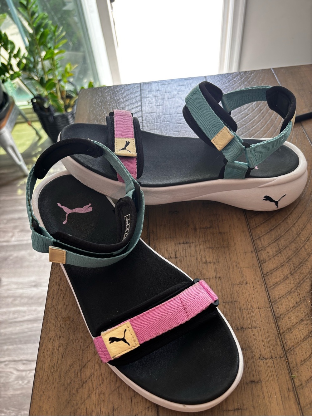 Puma Pink, Teal & Black Strappy Platform Sandals
